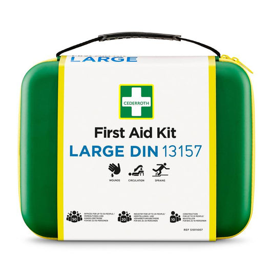 Ein grüner Verbandskasten LARGE DIN von Orkla Wound Care AB mit Wund-, Kreislauf- und Verstauchungssymbolen. Das Etui hat einen Griff und eine weiße Vorderseite mit blau/schwarzem Text. Packung (1 Stück).