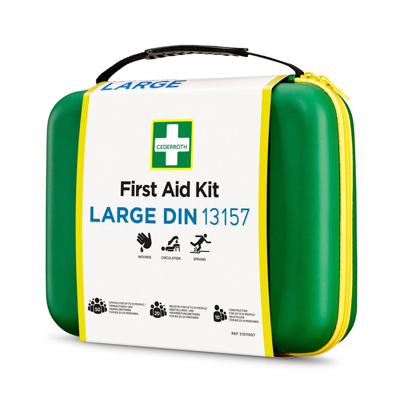 Ein grüner Orkla Wound Care AB Verbandskasten LARGE DIN (Packung, 1 Stück) mit gelbem Reißverschluss und Griff für Wunden, Durchblutung und Verstauchungen ist mit Piktogrammen auf weißem Grund versehen und entspricht der DIN-Norm.