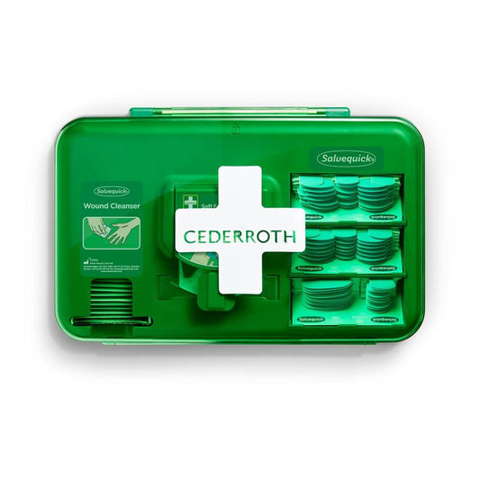 Ein blauer Orkla Wound Care AB Wundversorgungsspender (1 Packung), der Wundversorgungsprodukte und Verbandsmaterial enthält, steht vor einem weißen Hintergrund.