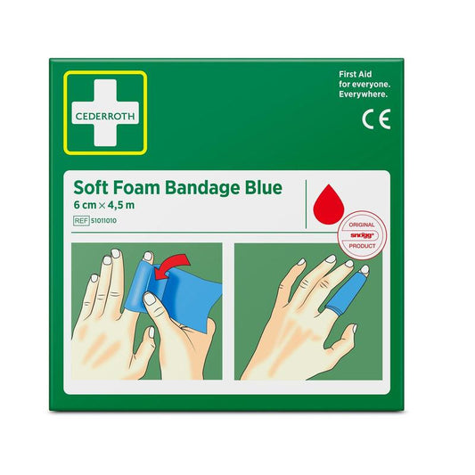 Eine grüne Schachtel der Cederroth Weichschaumbinde blau 6 cm x 4,5 m (1 Stück) von Orkla Wound Care AB mit Abbildungen auf der Vorderseite, die zeigen, wie man die Binde wickelt und an den Fingern anlegt.