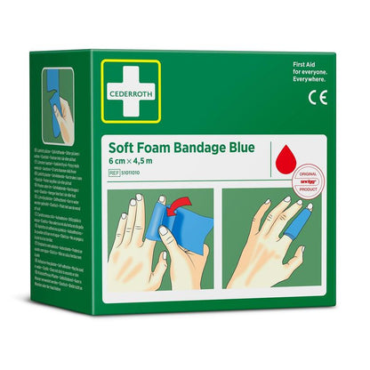 On a green box labeled "Cederroth soft foam bandage blue 6 cm x 4.5 m | Pack (1 piece)" by Orkla Wound Care AB, there are pictures of a hand wrapping and wearing the blue foam bandage around the fingers.