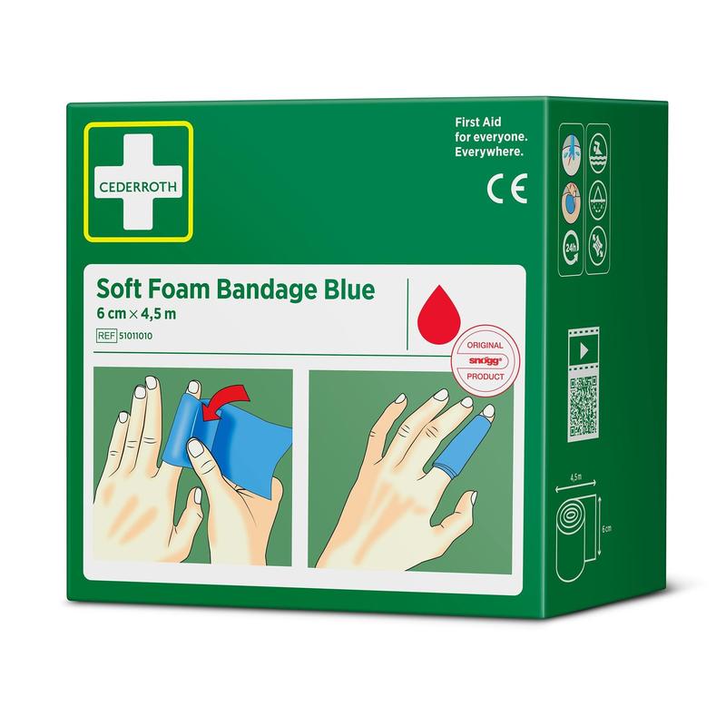 A green box labeled "Cederroth soft foam bandage blue 6 cm x 4.5 m | Pack (1 piece)" by Orkla Wound Care AB shows illustrations of hands applying a blue foam bandage and contains first aid and product information on the packaging.