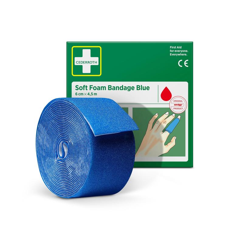 A roll of Cederroth soft foam bandage blue 6 cm x 4.5 m is pictured in front of the green-white packaging of Orkla Wound Care AB, on which the bandage is wrapped around a finger.