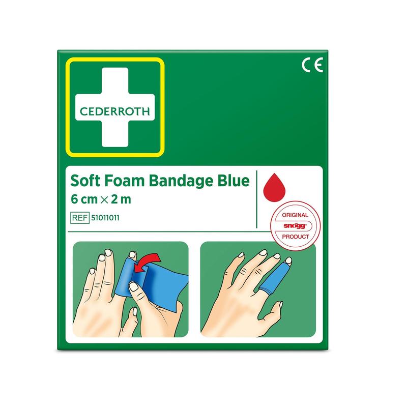 A green and white box with the inscription "Cederroth soft foam bandage blue 6 cm x 2 m | Package (1 piece)" from Orkla Wound Care AB, featuring a blue bandage wrapped around a finger.