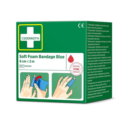 A package of Cederroth soft foam bandage blue 6 cm x 2 m from Orkla Wound Care AB, in a green box with a white cross, red drop symbol, and images for applying finger bandages. Contains 1 piece.