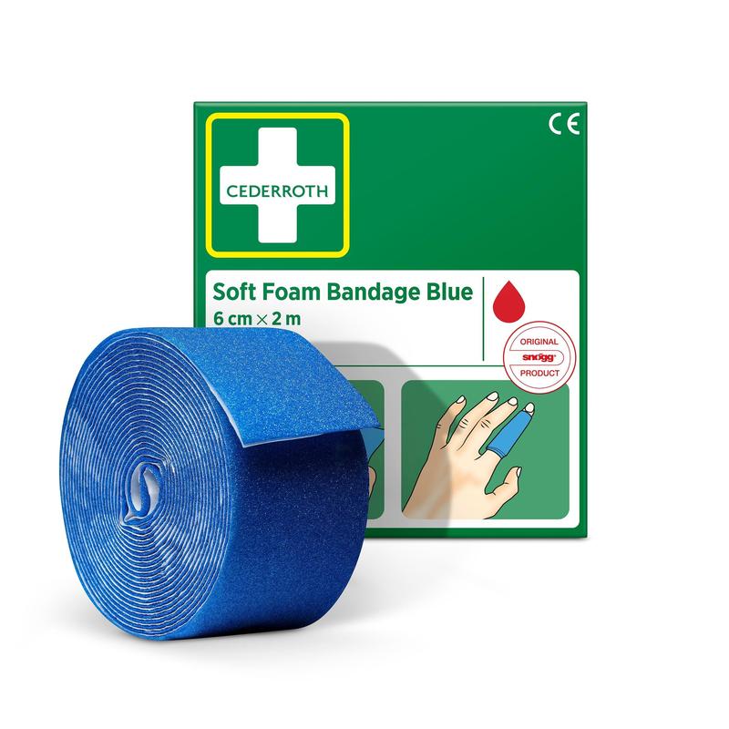 A roll of blue Cederroth soft foam bandage (6 cm x 2 m) from Orkla Wound Care AB is in front of the green box, on which an image of a finger bandage can be seen. The package contains 1 piece.