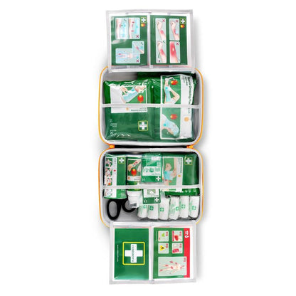 Das Cederroth erste-hilfe-set für verbrennungen von Orkla Wound Care AB ist aufgeklappt und zeigt geordnete Fächer mit Verbänden, Scheren und Anleitungskarten mit visuellen Anleitungen am oberen und unteren Rand des Kits.