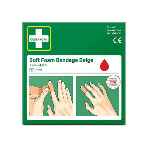A green box labeled "Cederroth soft foam bandage, beige, 3x450 cm | Package (1 piece)" by Orkla Wound Care AB, featuring instructions for applying a finger bandage, a red drop symbol, and the text: "First aid for everyone. Everywhere."
