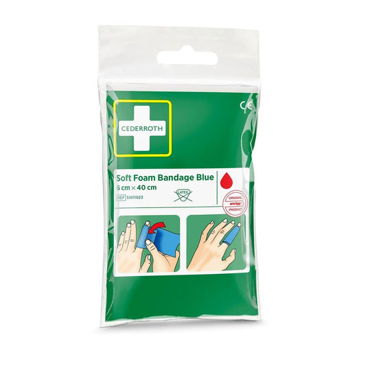 Eine versiegelte Packung Orkla Wound Care AB Cederroth weichschaumbinde blau 6x40cm (1 Stück) mit Anwendungsbildern und Produktinformationen auf dem grün-weißen Frontetikett.