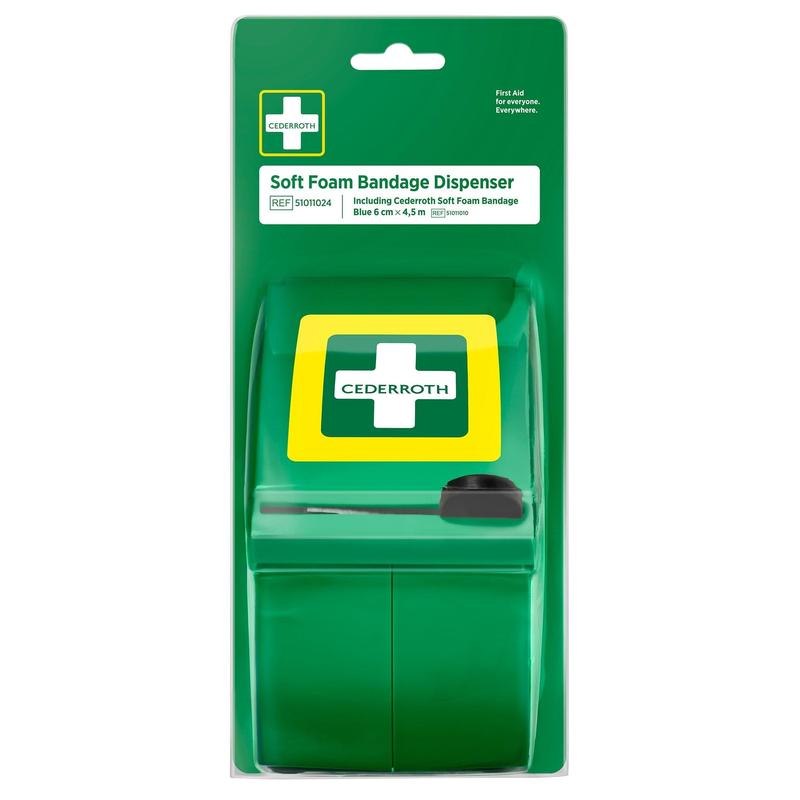 Der Orkla Wound Care AB Cederroth Soft Foam Verbandsspender blau (1 Stück) kommt in seiner Verpackung mit einem weißen Kreuz auf grüner, klarer Beschriftung und enthält eine Rolle blauer, selbsthaftender Verbände zur Erstversorgung von Verletzungen.