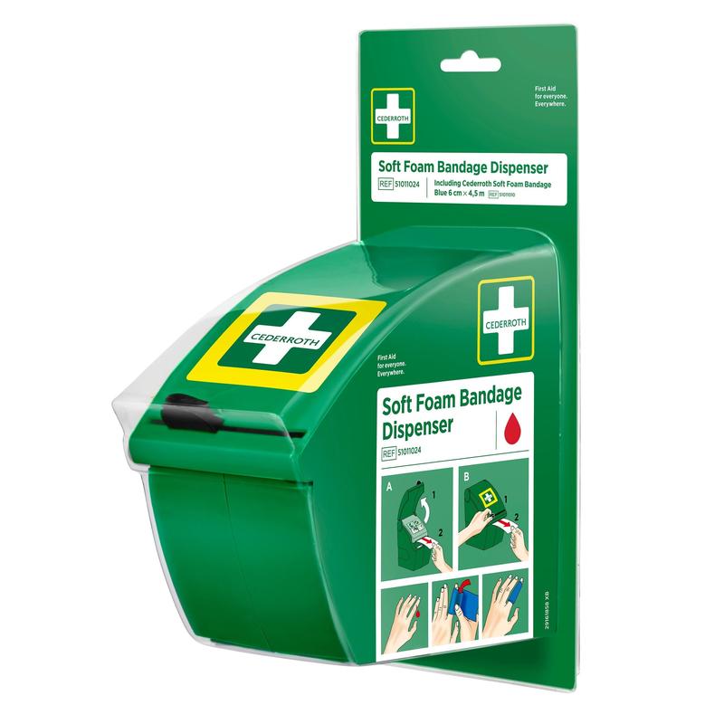 Der Cederroth soft foam verbandsspender blau von Orkla Wound Care AB ist ein wandmontierter Spender für Erste Hilfe mit blauen selbstklebenden Schaumstoffrollen. Die Verpackung enthält Produktinformationen, das Markenlogo und eine illustrierte Anleitung. Packung (1 Stück).