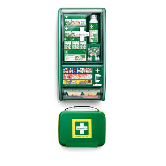Die Orkla Wound Care AB Cederroth erste-hilfe-station din-set 13157 verfügt über eine grüne wandmontierte Erste-Hilfe-Station mit organisierten Fächern und einem tragbaren Kit, verpackt in einem Karton (1 Packung).