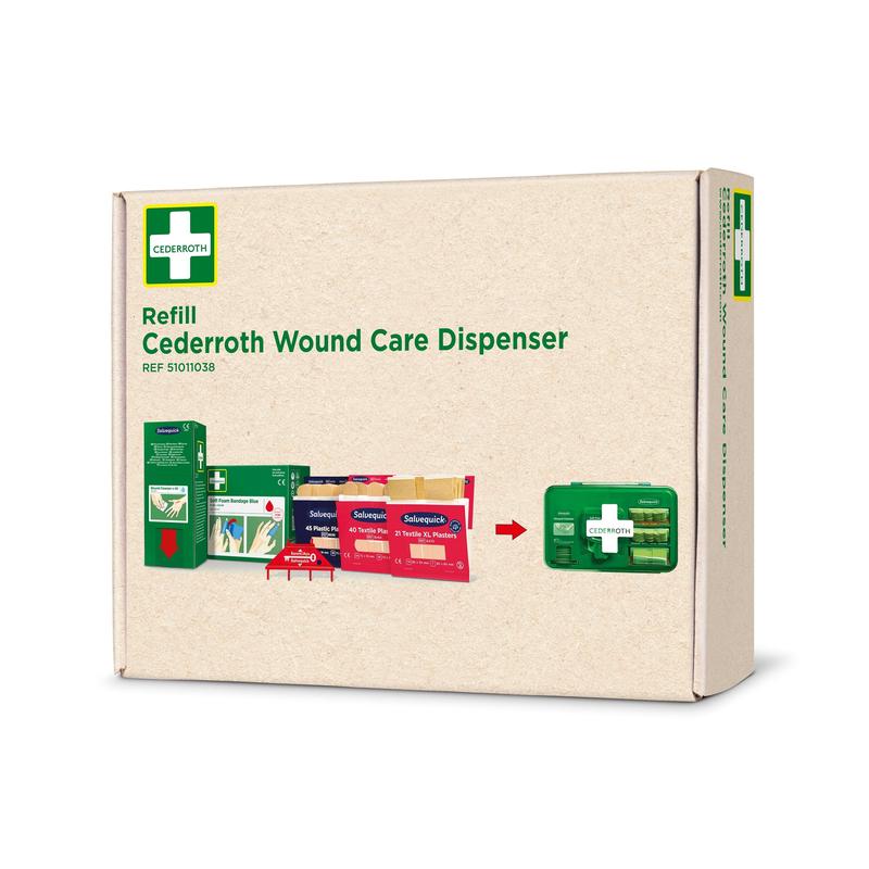 Eine Pappschachtel mit der Aufschrift "Cederroth first aid nachfüllpackung für cederroth wundpflegespender ref 51011006" von Orkla Wound Care AB zeigt Bilder der enthaltenen Wundversorgungsartikel und einen grünen Spender mit medizinischem Material.