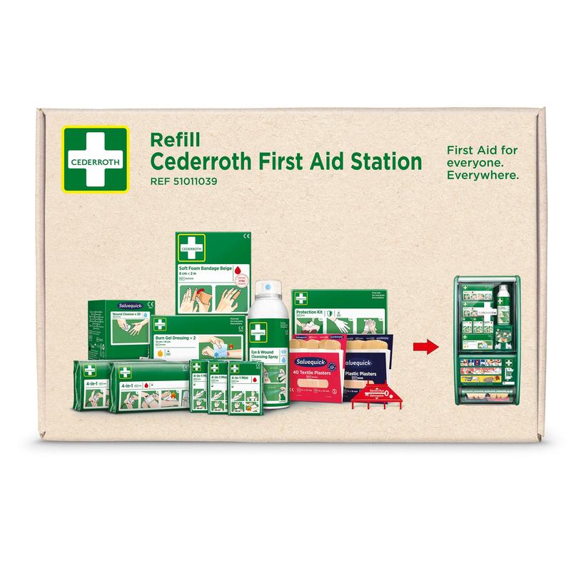 Foto des Kartons Cederroth erste-hilfe-mine für cederroth erste-hilfe-station (51011026) von Orkla Wound Care AB mit Verbänden, Pflastern, Handschuhen und einer Abbildung der Erste-Hilfe-Station sowie dem Markenzeichen und den Produktangaben.