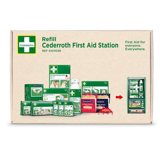 Foto des Kartons Cederroth erste-hilfe-mine für cederroth erste-hilfe-station (51011026) von Orkla Wound Care AB mit Verbänden, Pflastern, Handschuhen und einer Abbildung der Erste-Hilfe-Station sowie dem Markenzeichen und den Produktangaben.