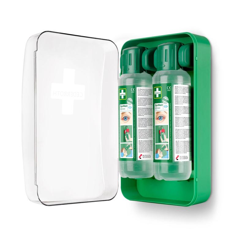 Der grüne Cederroth Augenspülschrank 1x1 von Orkla Wound Care AB wird mit einer transparenten Abdeckung an der Wand montiert und enthält zwei Augenspülflaschen mit illustrierter Anleitung - ideal für Ihre Erste-Hilfe-Ausrüstung.