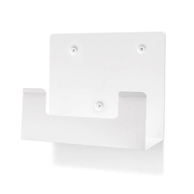 Die Orkla Wound Care AB Wandhalterung für Augenspületui REF 51011042 (1 Stück) ist eine Wandhalterung aus weißem Metall mit einer flachen Rückenplatte, vier Schraublöchern und zwei Regalhaltern - minimalistisches Design für optimalen Augenschutz am Arbeitsplatz.