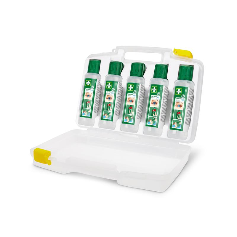 Die Orkla Wound Care AB Cederroth Augenspülung (5x500ml) im tragbaren Etui (REF 7255 ersetzen) wird in einem weißen Kunststoffkoffer mit fünf durchsichtigen Flaschen geliefert, die jeweils mit einer grünen Kappe und einem Augenpflegeetikett versehen sind - ideal für jede Arbeitsumgebung.