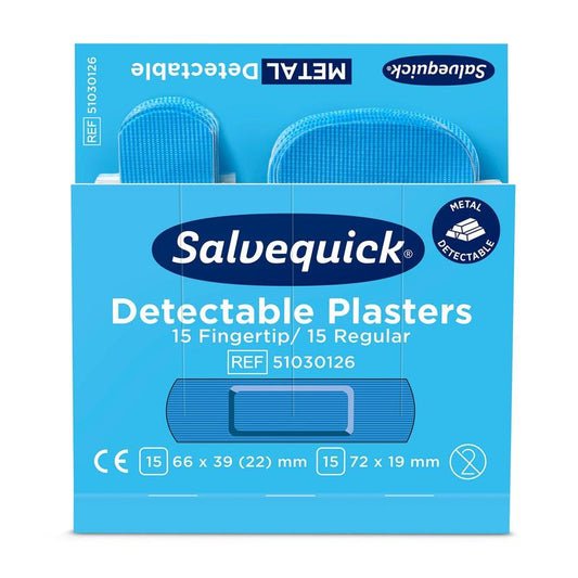 Eine blaue Box von Orkla Wound Care AB, "Fingerspitze/normal blau erkennbar, 30 Stück/mine", enthält 15 Fingerspitzen- und 15 normale Pflaster. Metalldetektierbar und ideal für den Einsatz in der Lebensmittelindustrie. Packung (6 Stück).