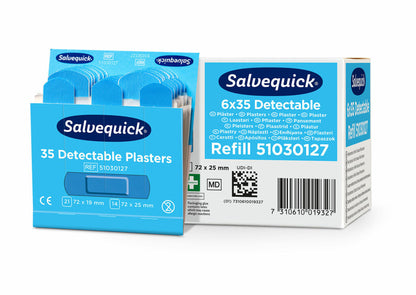 A blue box labeled "Cederroth 6 Set Salvequick Detectable Plasters (35 pieces) blue" from Orkla Wound Care AB stands next to a refill box - ideal for wound care with the expiring Cederroth Detectable Plaster.