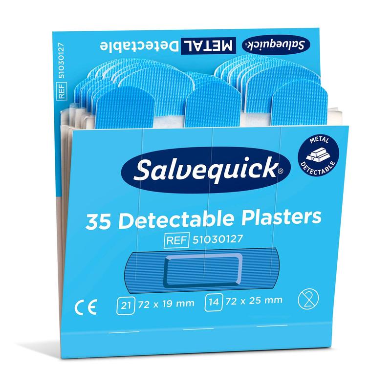 An opened box of Orkla Wound Care AB Blue detectable plasters (35 pieces/mine, 6-pack) shows blue metal detectable plasters, ideal for the food industry, with clearly labeled size and quantity specifications.