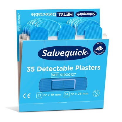 An opened box of Orkla Wound Care AB Blue detectable plasters (35 pieces/mine, 6-pack) shows blue metal detectable plasters, ideal for the food industry, with clearly labeled size and quantity specifications.