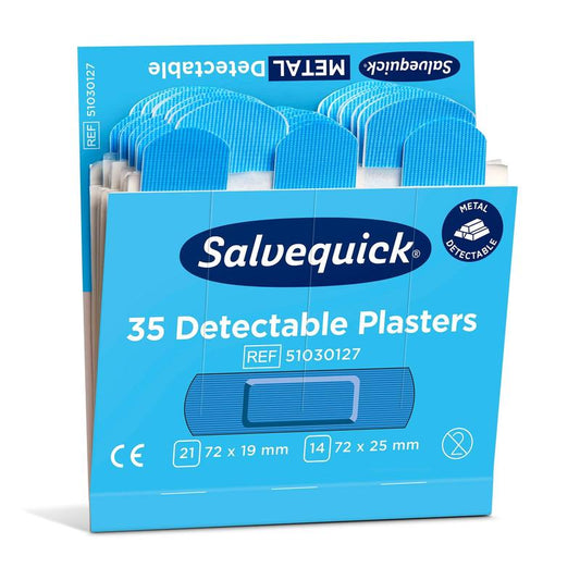Eine blau-weiße Schachtel mit der Aufschrift "Blauer detektierbarer gips, 35 stück/mine | Packung (6 Stück)" von Orkla Wound Care AB zeigt einzeln verpackte blaue Pflaster in den Größen 72 x 19 mm und 72 x 25 mm mit Metalldetektionssymbolen.