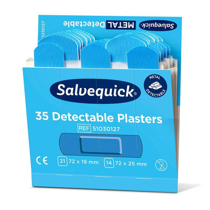 A blue box labeled "Orkla Wound Care AB Blue detectable plasters, 35 pieces/mine | Pack (6 pieces)" contains detectable plasters (72x19 mm, 72x25 mm), which are ideal for the food industry and individually packaged for hygiene reasons.