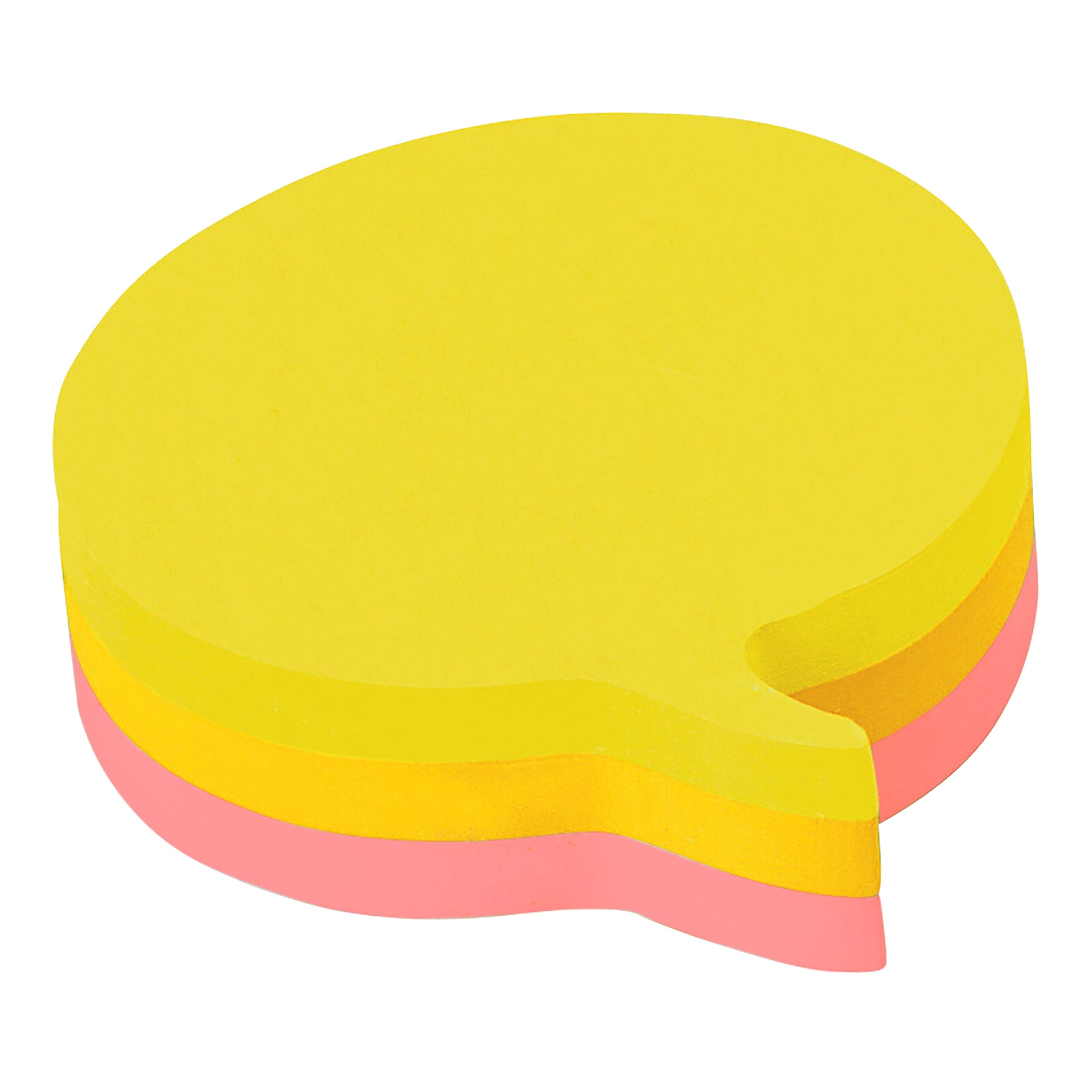 Die 3M Post-it® Notes In Stanzform, Sprechblase, gelb, 70x70mm, enthalten 3 Blöcke mit je 76 Blatt in Gelb, Orange und Pink. 100% PEFC-zertifiziert. Packung von 3 Blöcken auf weißem Hintergrund.
