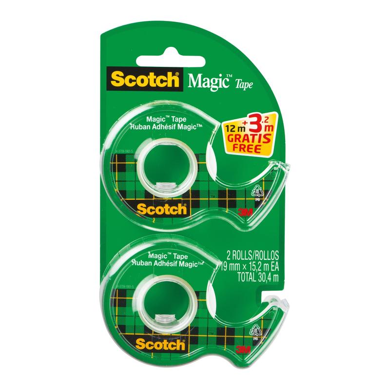 The package from 3M Deutschland GmbH Scotch® Magic™ Invisible Tape contains 2 rolls (19 mm x 12 m + 3.2 m free) and a transparent dispenser with a total length of 30.4 m, packaged on a green carrier.