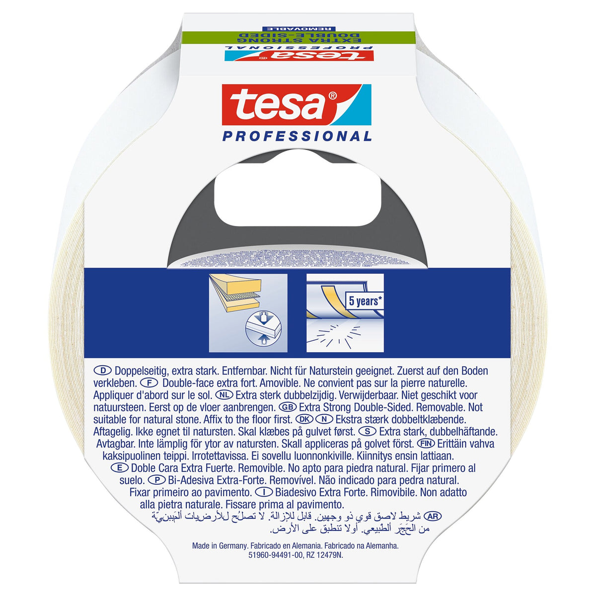 tesa Professional 51960 Profi-Verlegeband, ablösbar, weiß-transluzent 10 m x 50 mm