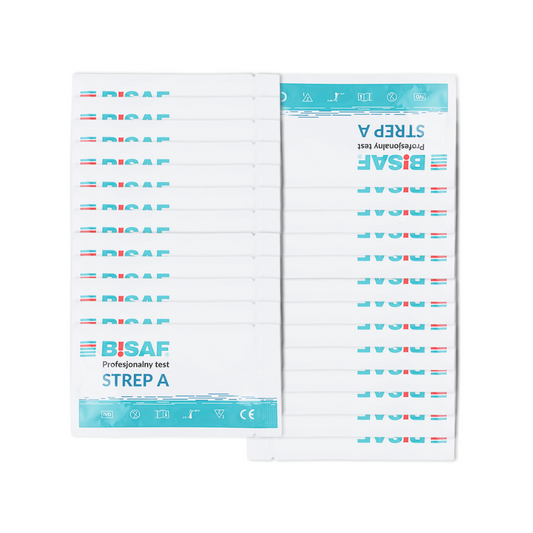 Eine geöffnete Schachtel von Altruan Strep A - Bisaf Professional 25 Tests (Packung mit 25 Stück) zeigt einzeln verpackte Testpakete in Blau und Weiß, ordentlich angeordnet - perfekt für den Gruppe A Streptokokken Nachweis per Rachenabstrich.