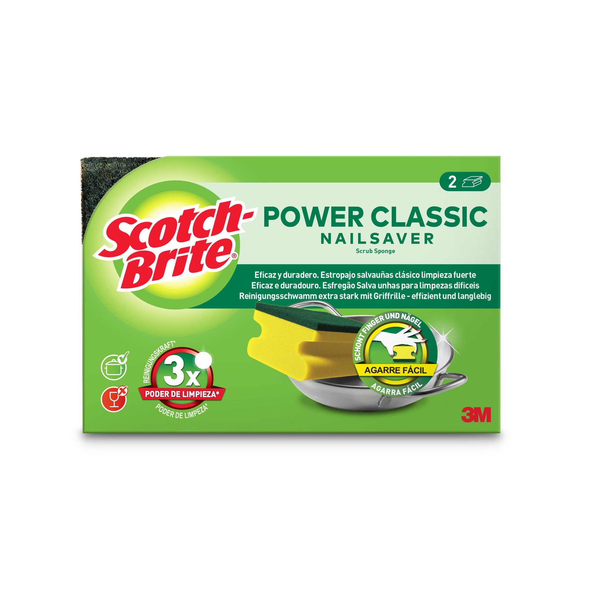 Eine grüne Schachtel Scotch-Brite® Classic Griffschwamm von 3M Deutschland GmbH enthält 2 Schwämme, ist mit gelber und roter Schrift versehen, zeigt die Schwämme beim Reinigen eines Tellers und trägt das 3M Branding in der rechten unteren Ecke.