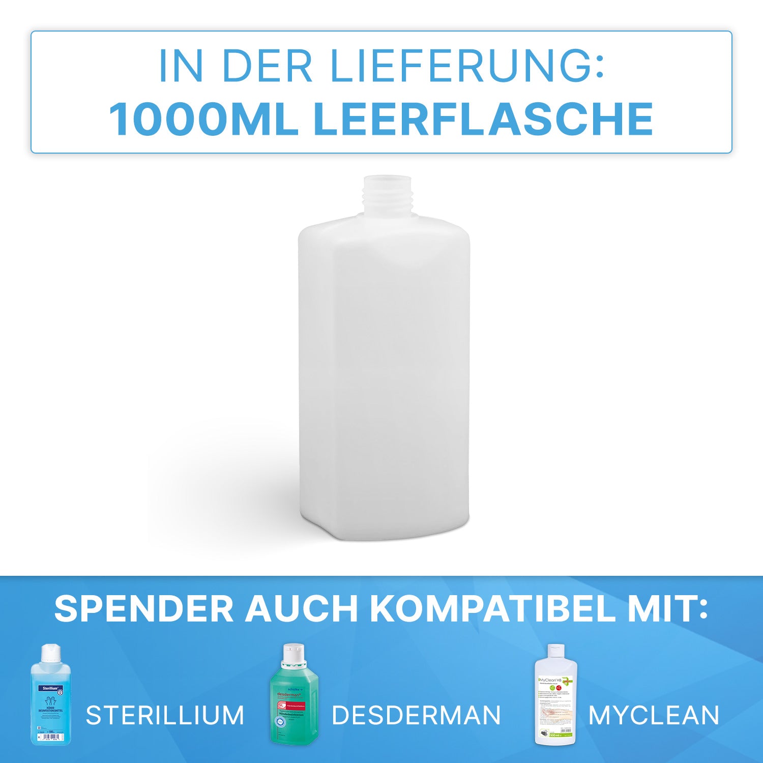 Abgebildet ist eine weiße, leere 1000-ml-Flasche aus ABS-Kunststoff von ARNOWA GmbH, passend für ARNOMED DISPENSER ABS Manueller Seifen- und Desinfektionsmittelspender; Symbole unten zeigen die Kompatibilität mit drei Spender-Modellen.