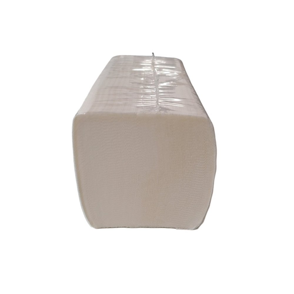 A stack of CUP UP d.o.o. NORD paper towels, 2-ply, V-fold (3,990 sheets per carton, 15 packs), folded and packed in clear plastic, is depicted from the narrow side against a solid white background.
