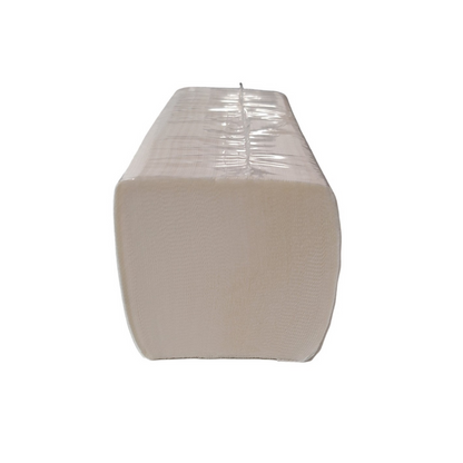 A stack of CUP UP d.o.o. NORD paper towels, 2-ply, V-fold (3,990 sheets per carton, 15 packs), folded and packed in clear plastic, is depicted from the narrow side against a solid white background.