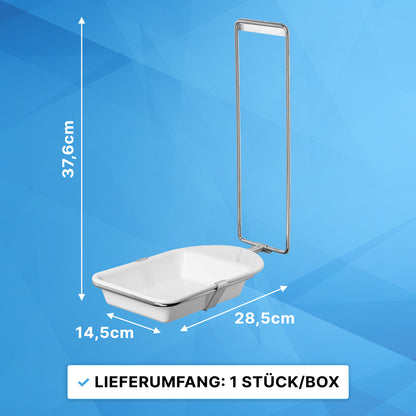 Rechteckige weiße ARNOMED DISPENSER TROPFSCHALE der ARNOWA GmbH, 37,6 cm hoch, 14,5 cm breit, 28,5 cm lang, auf Metallrahmen befestigt; Text unten: "Lieferumfang: 1 Stück/Box." Blauer geometrischer Hintergrund.