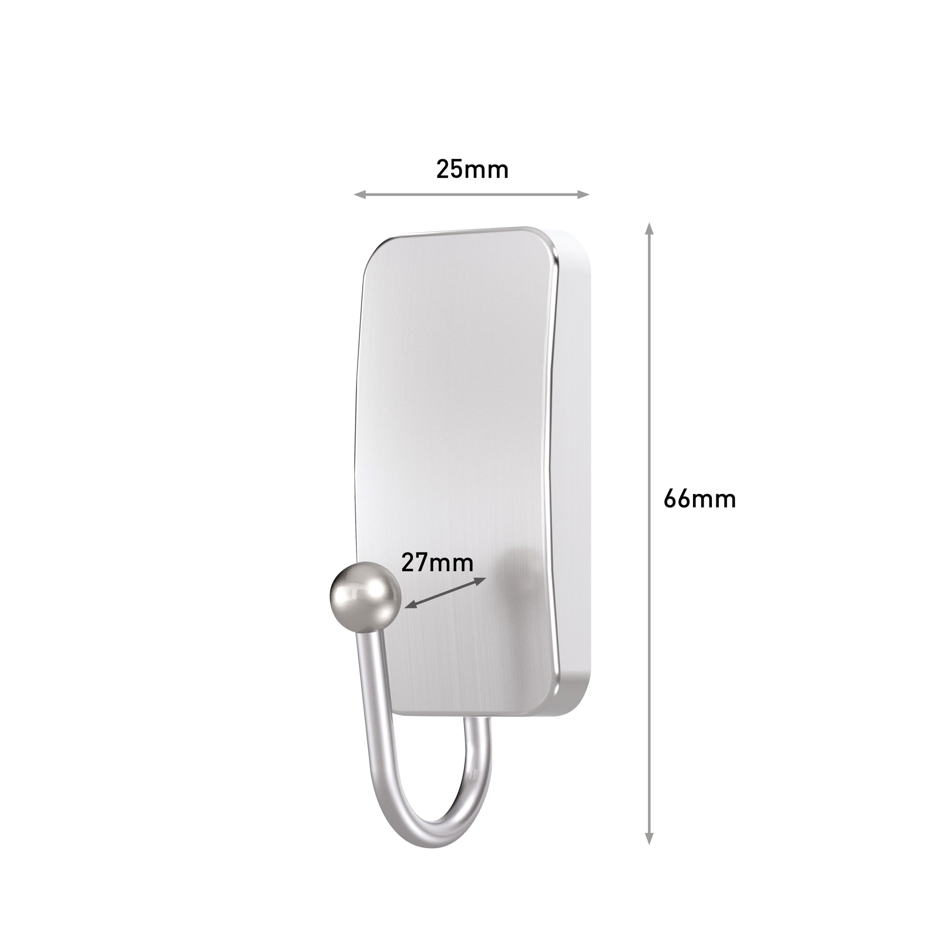 Der Command™ Metall-Haken Bad, schmal von 3M Deutschland GmbH hat eine satinierte Nickeloberfläche, eine rechteckige Basis (25 mm breit x 66 mm hoch) und einen gebogenen Haken, der 27 mm aus der Basis herausragt; die Abmessungen sind mit Pfeilen dargestellt.