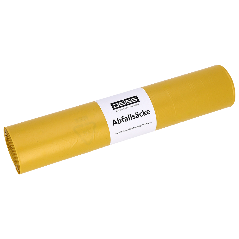 Abgebildet ist eine Rolle gelber DEISS Müllsäcke Typ 20 (575x1000 mm, 70 l, HDPE) der EMIL DEISS KG (GmbH + Co.) auf einfarbig weißem Hintergrund, wobei das weiße Etikett sichtbar ist.