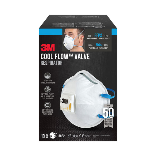 Eine Schachtel 3M™ Cool Flow™ Partikelmaske 8822, FFP2 mit Ventil von 3M Deutschland GmbH enthält 10 Masken, ist mit einem Bild der Maske versehen, hebt die hohe Filtrationseffizienz und den Schutz hervor und hat ein Cool Flow™ Ventil.