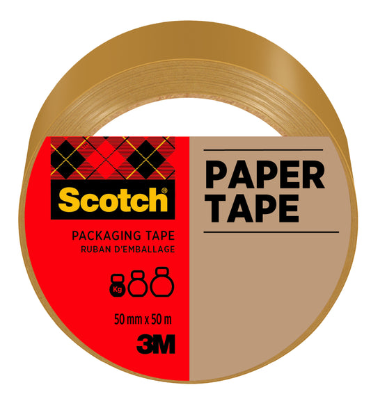 Eine Rolle Scotch® Verpackungsklebeband aus Papier, Braun (50 mm x 50 m) von 3M Deutschland GmbH, mit einem rot-braunen Etikett mit Produktinformationen und Piktogrammen, die eine Kapazität von 8 kg angeben. Die Packung enthält 1 Rolle.