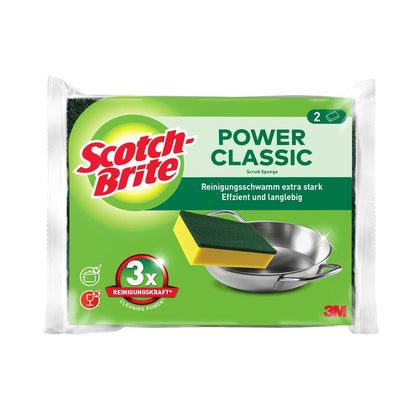 A pack of Scotch-Brite® Classic Cleaning Sponge from 3M Deutschland GmbH shows two sponges, a German label, product branding, a sponge cleaning a metal pot, and the note "3x cleaning power."