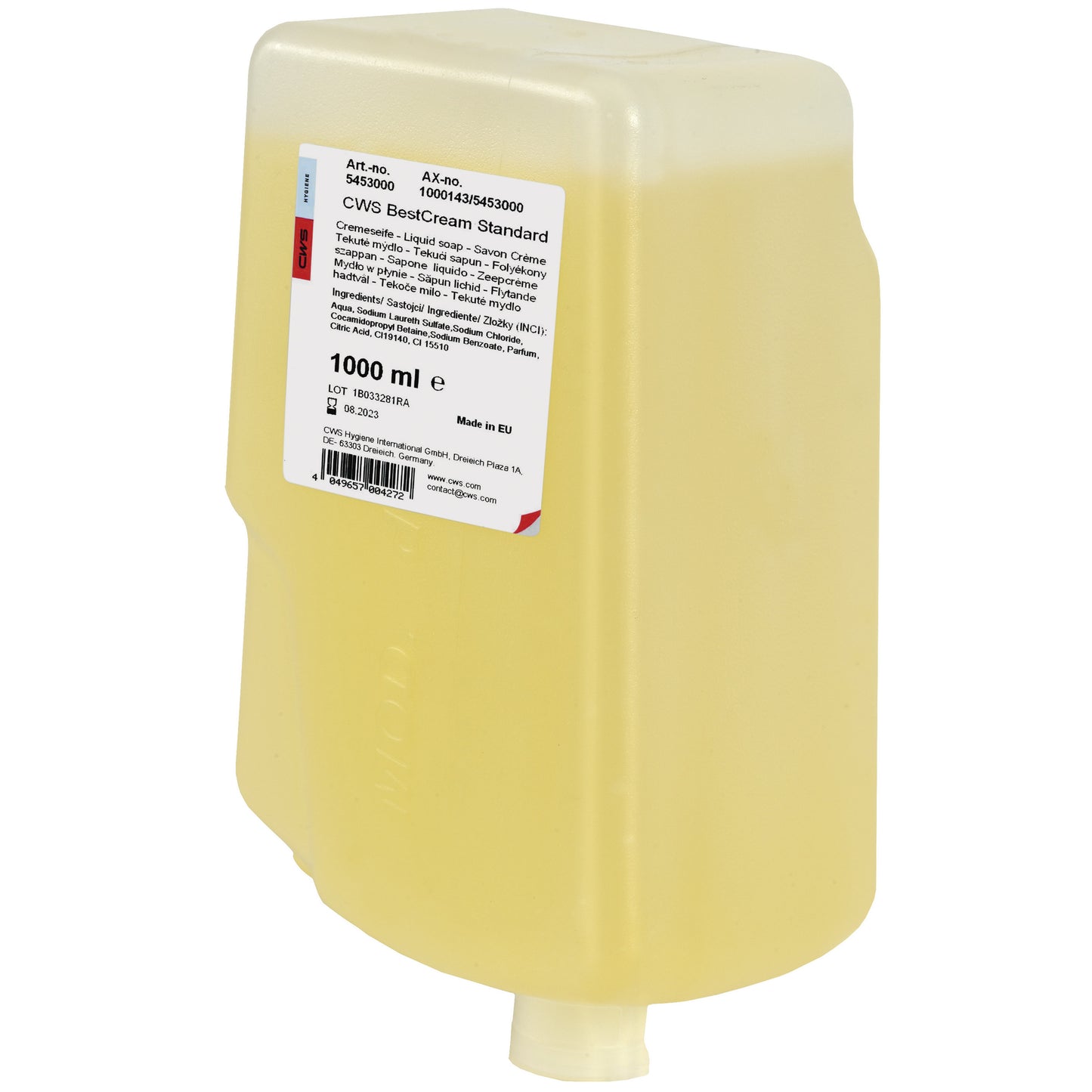 A rectangular, semi-transparent yellow CWS soap cream BestCream Standard refill container with a white label, skin-friendly formula, 1000 ml capacity, and a small bottom spout for easy hand cleaning.