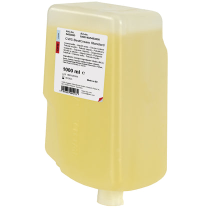 A rectangular, semi-transparent yellow CWS soap cream BestCream Standard refill container with a white label, skin-friendly formula, 1000 ml capacity, and a small bottom spout for easy hand cleaning.