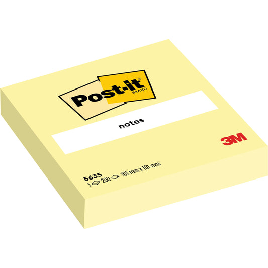 Eine Packung Post-it® Notes, Gelb, 101 mm x 101 mm, 200 Blatt/Block, 1 Block pro Packung von 3M Deutschland GmbH; mit Post-it Logo und Produktdetails auf der Vorderseite.