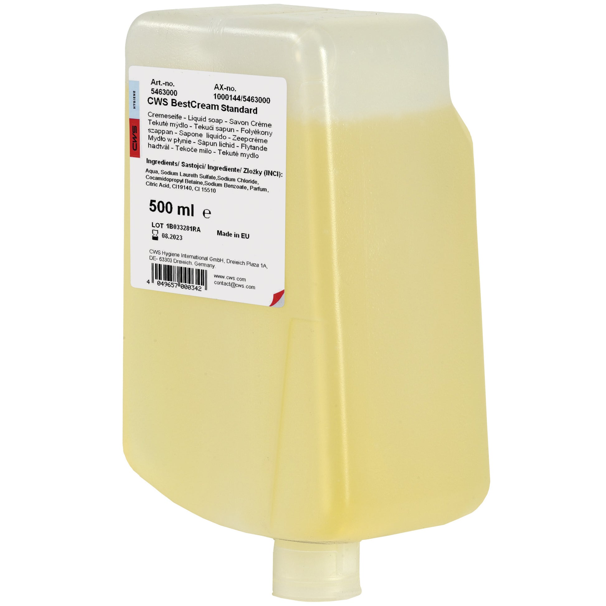 Die CWS Seifencreme BestCream Standard von CWS kommt in einem transluzenten gelben 500 ml Behälter mit weißem Etikett, abgewinkeltem Deckel und Bodenspender. Die hautverträgliche Seifencreme ist ideal für die sanfte Handreinigung.