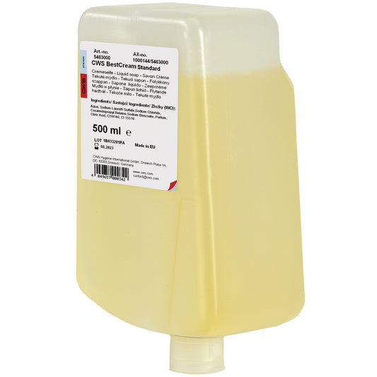 Die CWS Seifencreme BestCream Standard von CWS kommt in einem transluzenten gelben 500 ml Behälter mit weißem Etikett, abgewinkeltem Deckel und Bodenspender. Die hautverträgliche Seifencreme ist ideal für die sanfte Handreinigung.
