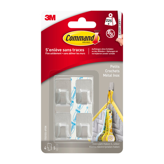Der Command™ Edelstahl-Metallhaken Größe S (17031SS-4ES) von 3M Deutschland GmbH enthält 4 kleine Edelstahlhaken und 5 Streifen, die ein beschädigungsfreies Aufhängen und einfaches Entfernen an der Wand ermöglichen.