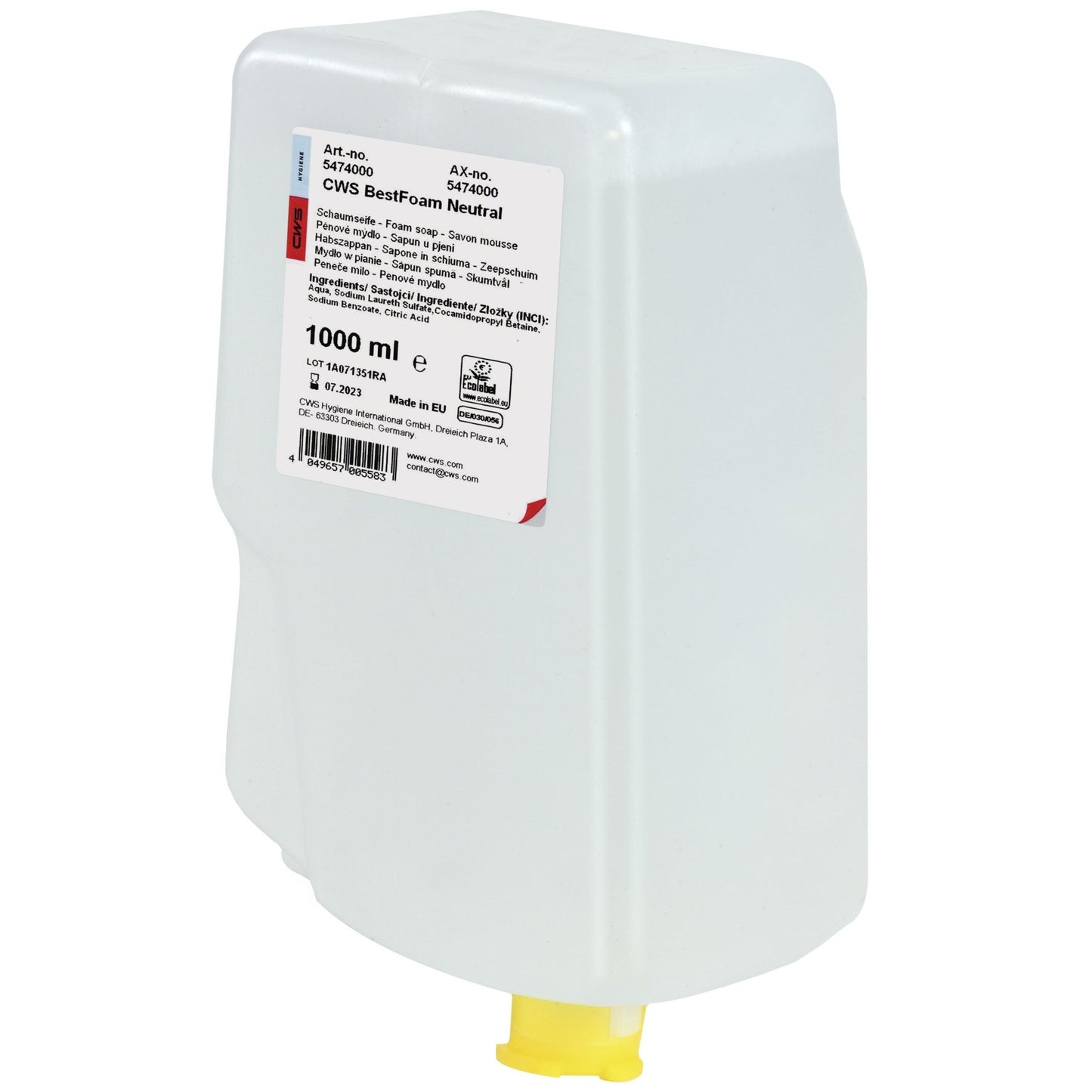 A rectangular, transparent plastic container with a yellow spout dispenses CWS BestFoam Neutral soap foam. The white label with the inscription "CWS BestFoam 1000 ml" indicates the mild formula for daily hand hygiene.