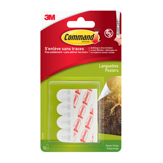 Eine Packung Command™ Poster-Strips 17024 von 3M Deutschland GmbH enthält zwölf Klebestreifen in einem durchsichtigen Kunststoffkoffer mit rotem, gelbem und grünem Branding sowie französischem und deutschem Text auf der Verpackung.